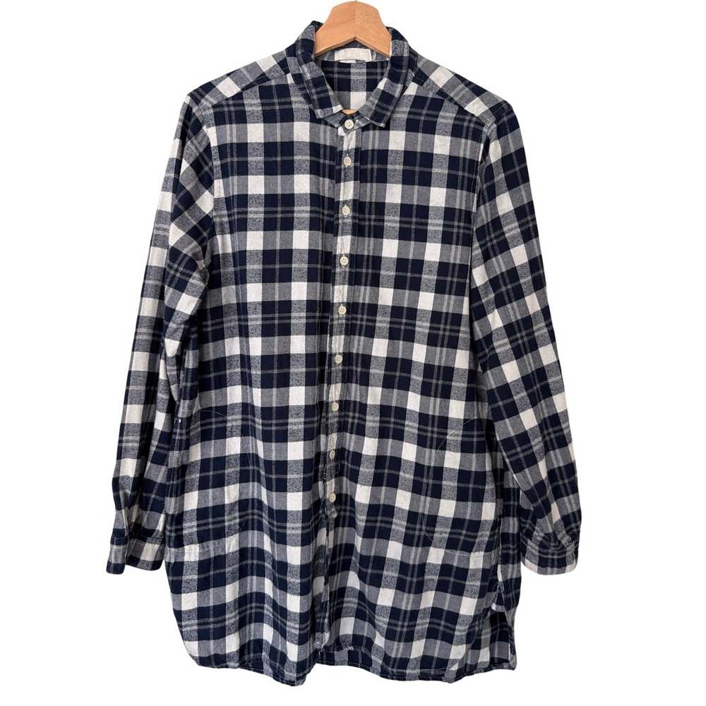 CP Shades Navy Blue White Plaid Cotton Button Down Tunic Shirt Pockets‎ Medium